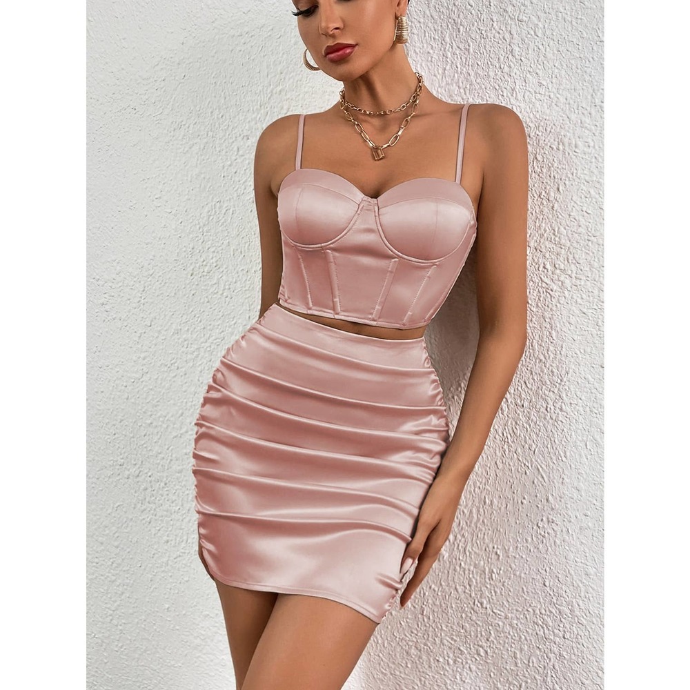 ❗️2 piece skirt set: Zipper Back bustier Cami Crop Top & Ruched mini Skirt black - Picture 4 of 8